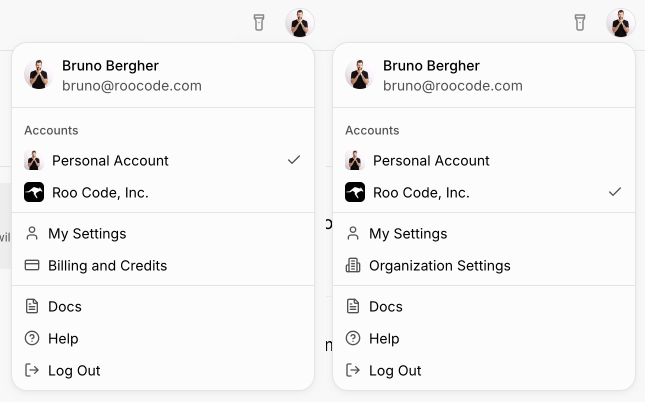 The user menu for Personal and Team accounts.